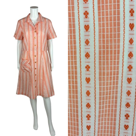Vintage 1950s Dress Women's Large Novelty Playing Card Suit Print Orange - Picture 1 of 13